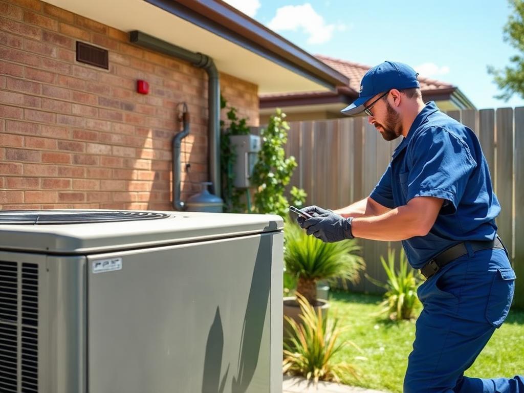 Technician servicing an outdoor air conditioning unit